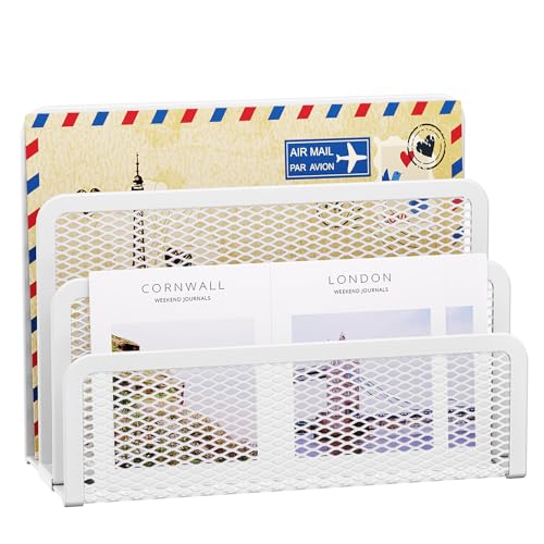 Marbrasse Mail Organizer for Desk, 3-Slot Mesh Metal Mail Holder countertop, Letter Holder, Office Desktop Envelope and Document Storage Rack (White) - color: White