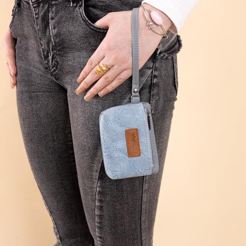 Montana West Wrangler Coin Purse for Women RFID-blocking Floral Embossed Change Pouch Wristlet Wallet Lightweight Portable Wallets Blue - color: Embossed Jean