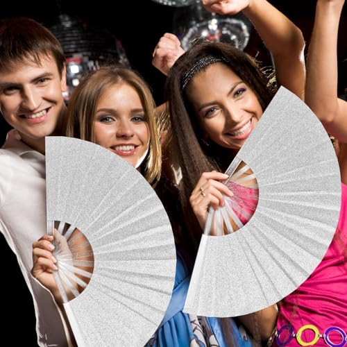 EOSAU 13" Glitter Folding Hand Fans Foldable, Clacking Fans for Women Black - color: 13" Silver 02