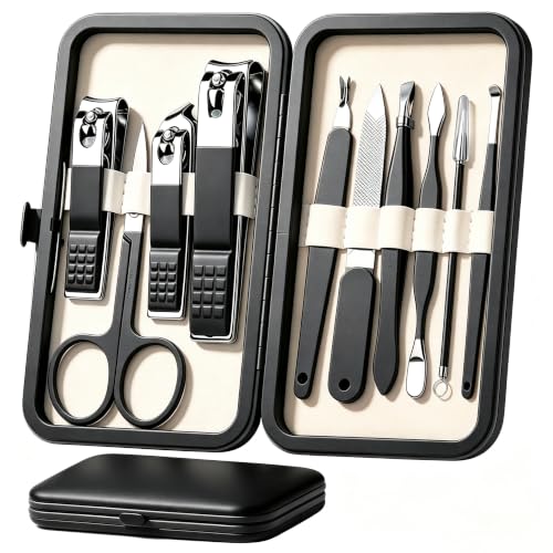 HANTEKAS Manicure Set 10 in 1 Stainless Steel, Nail Clippers Scissors Pedicure Tools Kit - Portable Travel Grooming Kit for Men and Women with Leather Case (Black Beige) - color: Black