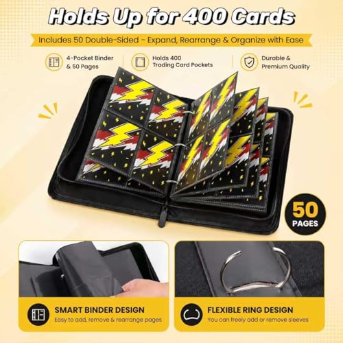 4 Pocket Card Binder, 400 Pockets Card Collection Book with 50 Removable Sleeves, 3-Ring PU Leather Trading Card Album for Game & Sports Cards - Portable Zipper Binder for Boys Kids - color: Yellow, red, white