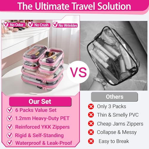 YQBRAO Clear Hard Shell Zipper Cases, 6 Travel Organizers, 2M 4S, Pink - color: Pink, size: 6 Pack (2M+4S)
