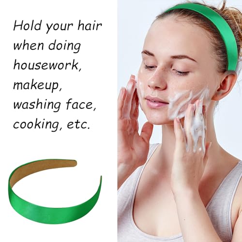 Wecoe 10 Pack Green Headbands 1 Inch Wide Satin Headbands Women Non Slip Fashion Plain Head Bands Solid Hair Bands DIY St. Patrick's Day Hair Accessories for Women Girls Diademas Para Mujer - color: Green