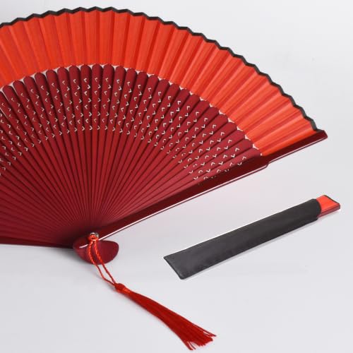 8.27" Top Green Bamboo Silk Folding Fan, Traditional Chinese/Japanese Handheld Fan for Daily Use, Decor & Gift (Rose red Silk Hand Fan+Case 1p) - color: Rose red Silk Hand Fan+Case 1p