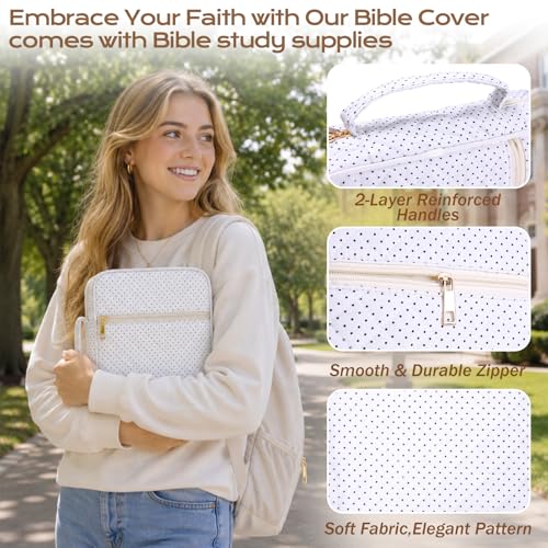XKDOUS Bible Cover Case for Women Bible Bag Journaling Kit w/Study Supplies - color: Black Dot, size: Large