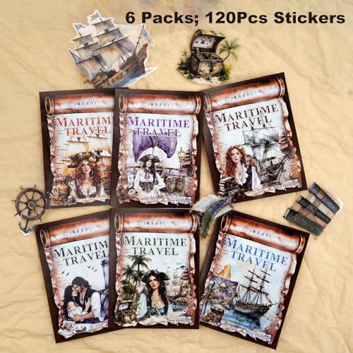 120 Pcs Vintage Pirate PET Stickers for Scrapbook Journaling - color: Maritime Travel