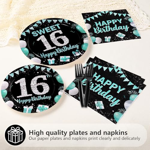96Pcs 16th Birthday Party Supplies Teal Blue and Black Serves 24 - style: Peacock Blue Black 16th Birthday