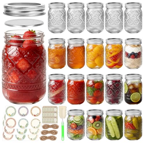 STARSIDE 12oz Glass Embossed Mason Jars 20-Pack with Airtight Split Lids - color: Clear04-12oz