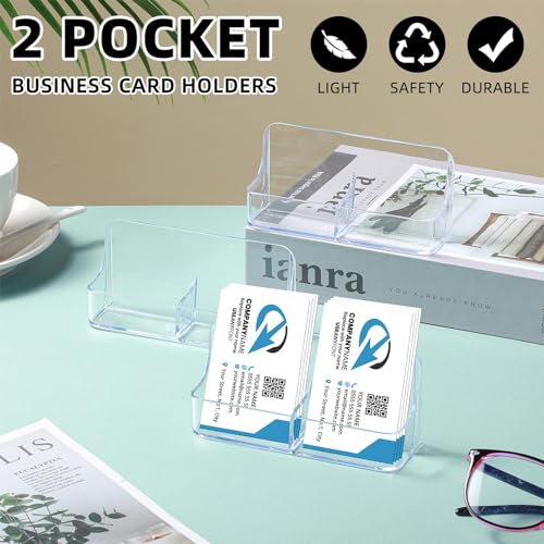 8 Pack Vertical Business Card Holder, Clear Acrylic 2 Pocket Desktop Business Card Holder, Multiple Cards Display Stand for Home, Office, and Exhibition, up to 100 Cards
