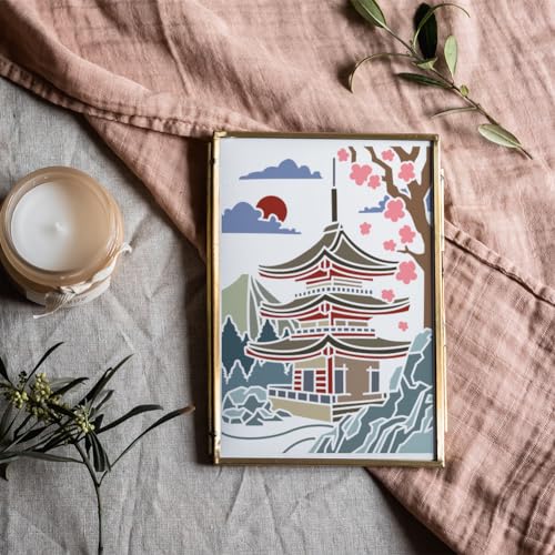 MAYJOYDIY 2pcs Japanese Zen Temple Stencil 11.7×8.3inch Large Japanese Style Temples Stencil with Paint Brush Sacred Pagoda Drawing Template for Wood Walls Canvas Furniture Crafts - color: Japanese Zen Temple