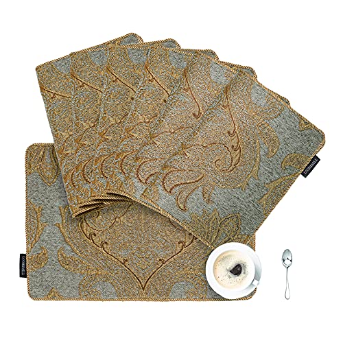 Loom and Mill Luxury Chenille Damask Placemats Set of 6, Blue Gold - color: Blue Gold_elizabeth, size: 6 Pieces