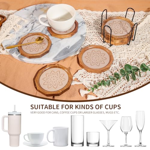 Wood Coasters for Drinks Absorbent with Lip, 4.3 Inch Acacia Wood Camel Felt Coaster with Holder for Wooden Coffee Table for Cups, Mugs, and Glasses - Set of 6 - color: ‌camel