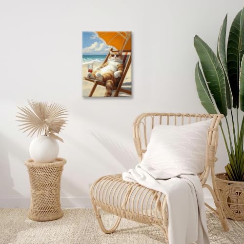 Funny Cat Beach Wall Art Cute Cat Ocean Canvas Wall Decor Coastal Kitten Pictures Paintings Prints Seaside Artwork Framed Seascape Decorations For Bathroom Bedroom Living Room Office Gifts 12" x 16" - color: Beach Cat, size: 16"L x 12"W