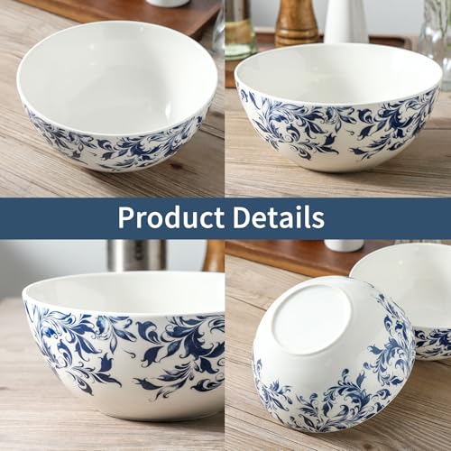 Blue Serving Bowls Set of 2, 42 oz Large Soup Bowl, Ceramic Pho Bowls for Cereal Salad Ramen Pasta Fruit, Blue and White bowls for Entertaining, Microwave Dishwasher Safe, Vintage - color: white 3