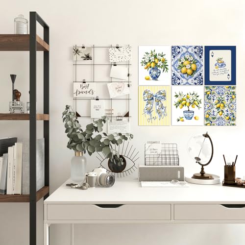 LUKIPOM Chinoiserie Lemon Summer Wall Art Posters 8x10in Set of 6,Amalfi Coast Grandmillennial Home Decor,Blue and White Porcelain Lemon Tree Prints Artwork for Kitchen Wall Decor, Unframed - color: Color 017