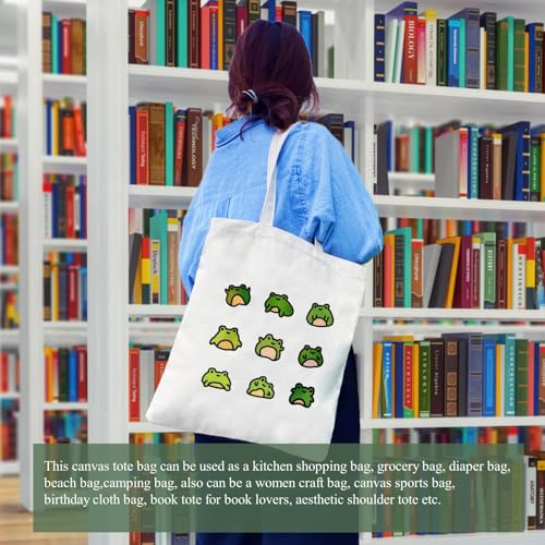 Canvas Aesthetic Tote Bag for Women with Inner Pocket Totes Shoulder Book Bag Shopping Reusable Grocery Bags - color: Cute Frogs Totes