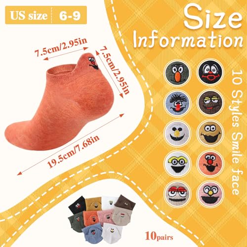 10 Pairs Cute Kawaii Embroidered Low Cut Ankle Socks - color: Fresh Multi Pastel Cartoon Face