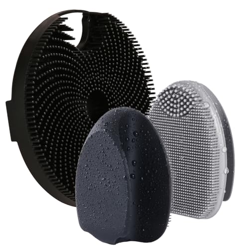 Soft Silicone Body Scrubber with 2pack Silicone Face Scrubber for Shower,Exfoliating Body Scrubber for Sensitive Skin,Silicone Body Brush Face Cleansing Brush for Pore Cleaning,Skin Care - color: Set2-black+gray