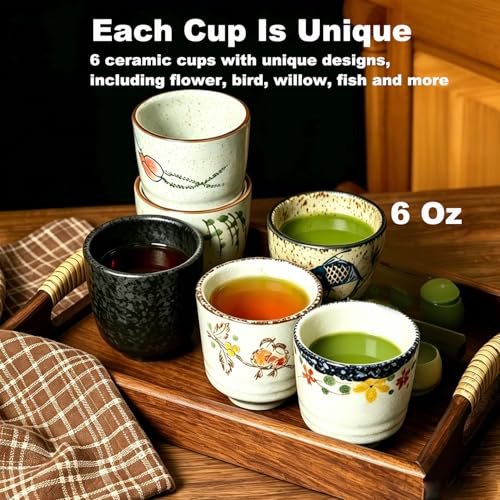 Japanese Tea Cups, 6 Pieces Small Size 6 Oz Ceramic Coffee Cup with Good Heat Retention, Handless Teacup Matcha Mug for Latte, Juice, Gift, Sake or Dessert Wine, Dishwasher Safe