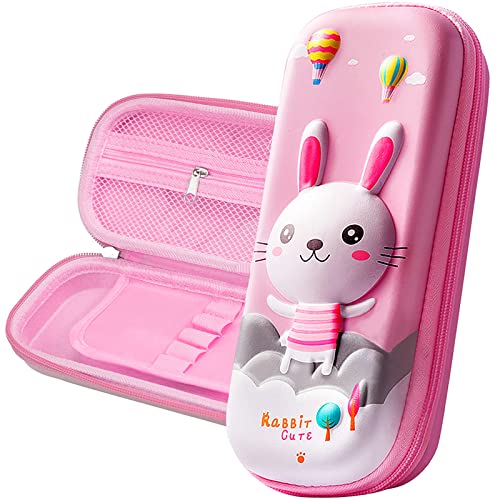 3D Rabbit Pencil Case for Kids Girls, Waterproof Pencil Box with Compartments Pen Pouch (Pink) - color: Rabbit