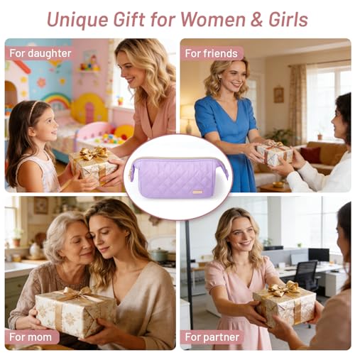 Easter Basket Gifts Soft Quilted Makeup Bag, Wide Opening Cosmetic Pouch Travel Toiletries Accessories Bag Trendy Makeup Purse for Women Teen Girls Holiday Gifts Birthday Gifts (Purple) - color: Purple