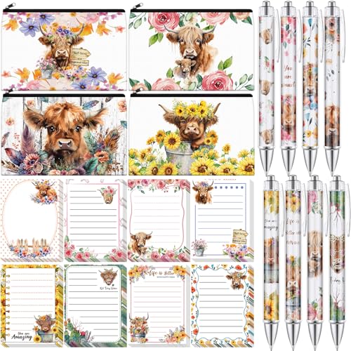 Eaasty 20 Pieces Highland Cow Gift Set Sticky Notes with Pens, Pencil Bags Makeup Bags Animal Lover Gift, 3 x 4 Inches Cute Note Pads, Funny 1.0 mm Ballpoint Pens, Office Supplies for Women - style: Highland Cow