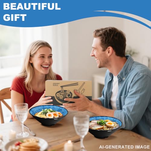 8-Inch 4 Sets Ceramic Ramen Bowl (16 Piece) - Japanese Porcelain Dishwasher Microwave Safe Salad Noodles Cereal Pasta Soup Large Bowls with Chopsticks Forks Spoons for Men Women Housewarming Gift - color: A:Ocean Blue, size: 8 INCH 4 Set