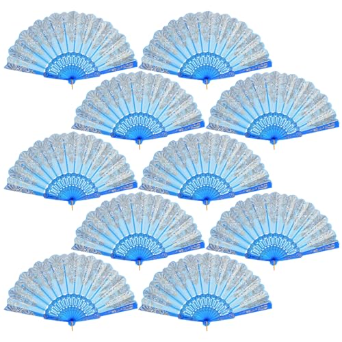QIRMIZI 10 Pack Folding Handheld Fans,Silk Spanish Fan, Perfect for Weddings, Parties, and Dancing,Light Blue - color: Light Blue, size: 10 PACK