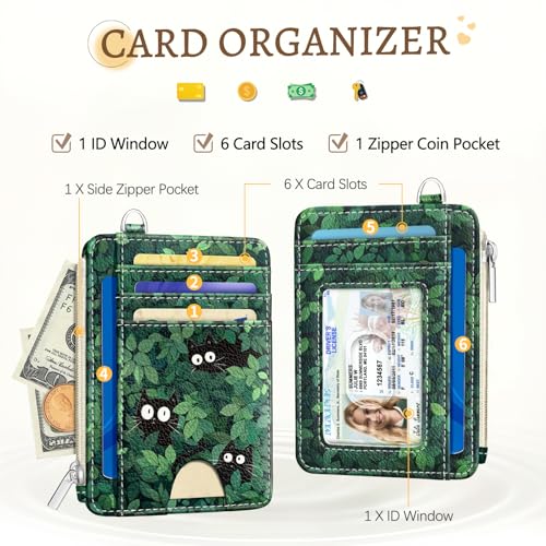 Kelvoris Credit Card Holder Small Wallet Women, Slim RFID, Black Cat Leave - color: Cat