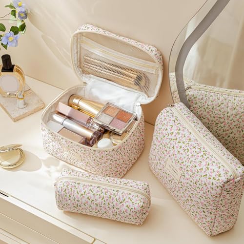 HBselect Quilted Makeup Bag, 3Pcs Cotton Large Travel Makeup Bags Organizer - color: A-3PCS-Floral 17