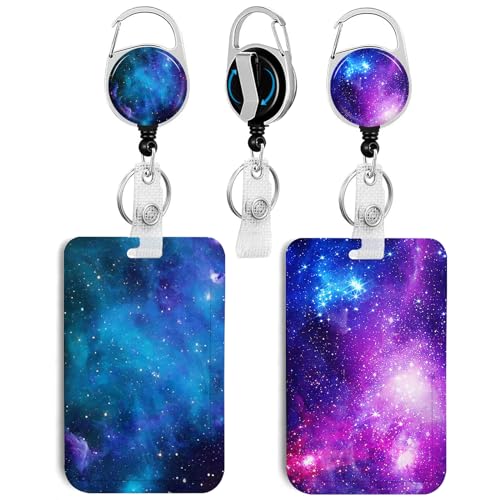 2 Pack Purple Starry Sky ID Badge Holder with Clip Badge Reels - color: 2 Pack-purple Starry Sky