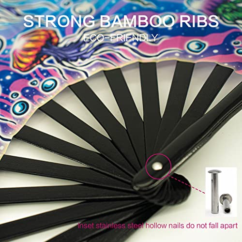 13" Large Rave Fan Bamboo, Folding Clack Hand Fans Foldable for Men Women, Poping Fan for EDM Festival Line Dance Decoration, (Jellyfish, Large 13") - color: Jellyfish, size: Large 13"