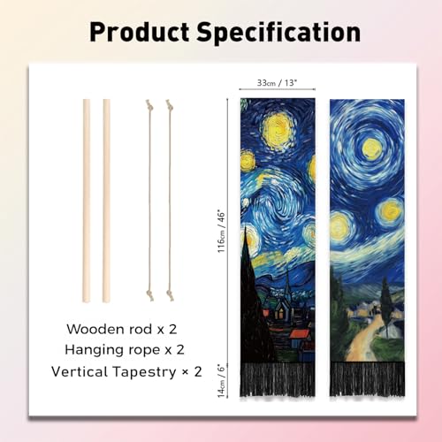 PLIGREAT 2 Pack Starry Night Tapestry with Tassels, Blue Oil Painting Art Wall Hanging Vertical Long Narrow Home Wall Tapestry for Bedroom Living Room Bathroom Dorm, 52" x 13" - color: blue,yellow