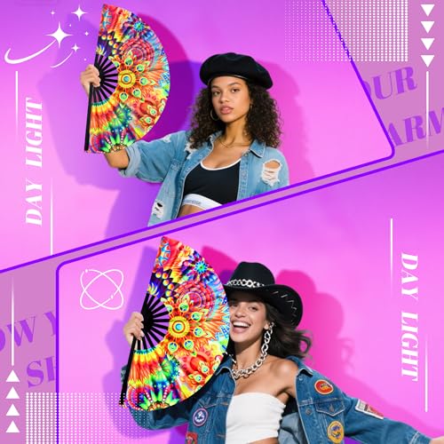 13 Inch Large Rave Fan & Clack Fan for Line Dancing - Folding Hand Fan with UV Glow for Boots on The Ground, Performance, Wedding, Party - Portable Handheld Fan for Women & Men - color: Peacock Feathers*1