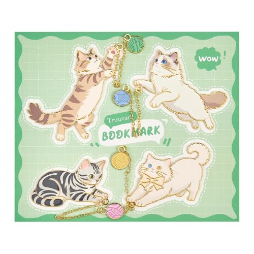 4 Pcs Cute Metal Cat Bookmarks with Chain Yarn Ball Charms for Book Lovers - color: Cat