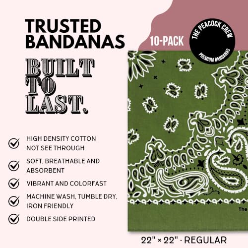 The Peacock Crew Premium Soft Cotton Bandanas Pack for Men and Women Paisley 22 x 22 inches - color: Pack of 10 Olive Green