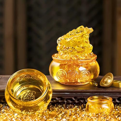 Feng Shui Treasure Basin Set Colorful Crystal Glass Lucky Money Toad - color: Yellow 2