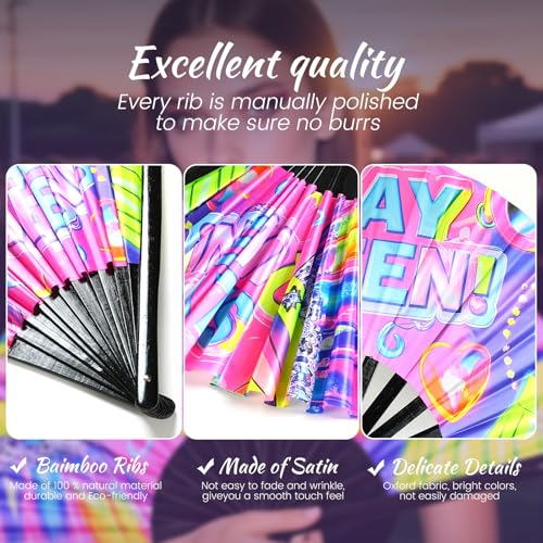 SYNTECSO Folding Hand Fan for Rave, UV Glow Clack Fan - color: Slay Queen