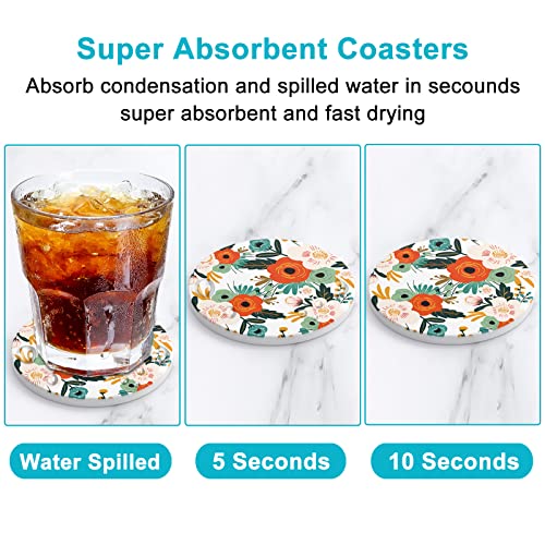 Coasters for Drinks, Set of 6 Cute Absorbent Ceramic Drink Coasters - color: Flower Illustration 01