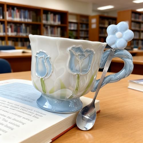 Ceramic Coffee Mug 14oz/410ml Blue Cute Flower with Spoon - color: Pearlescent Blue, size: Large