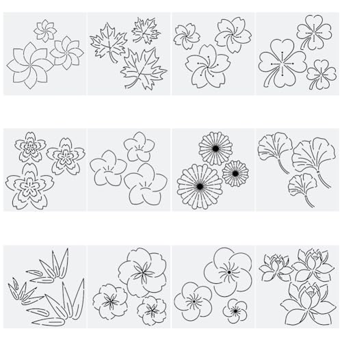 FREEBLOSS 12Pcs Plastic Sashiko Stencil Kit Flower Sashiko Pattern Template Embroidery Pattern for Hand Quilting Sashiko Patterns Templates Embroidery Stencils 14x14cm - style: Cherry Blossom