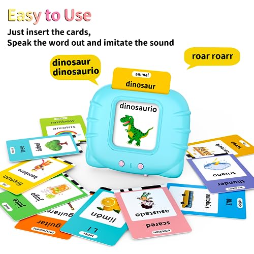 Eaever Spanish English Bilingual Learning Toys, ABC Talking Flash Cards with 520 Words, Gift for 3 4 5 6 Year Old, Blue - color: Blue, size: Bilingual Version(abc+123-520 Words)