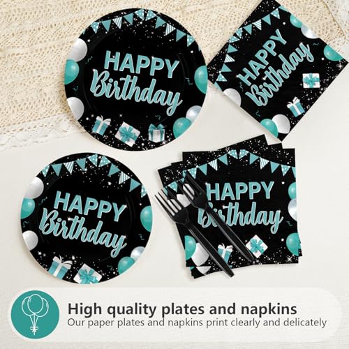 Grencian 96Pcs Happy Birthday Teal Blue Black Party Decorations Serves 24 - style: Peacock Blue Black Birthday