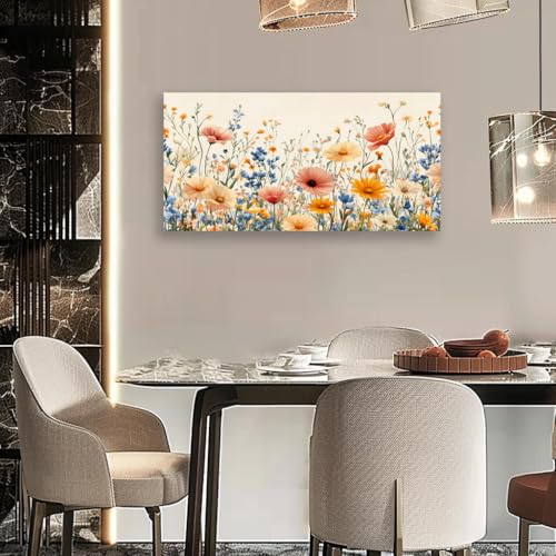 KZKU Wall Art Floral Canvas Print Wildflower Garden Pink Yellow Blue Watercolor style Flower Picture for Bedroom Living Room Artwork Home Wall Decoration 20x40in - color: Multicolor/floral, size: 40"L x 20"W