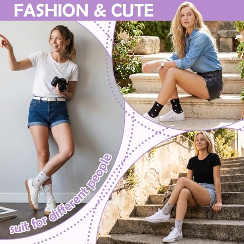 Ruffle Bow Polka Dot Heart Cotton Crew Socks for Womens - color: Black, Pink, Purple,white