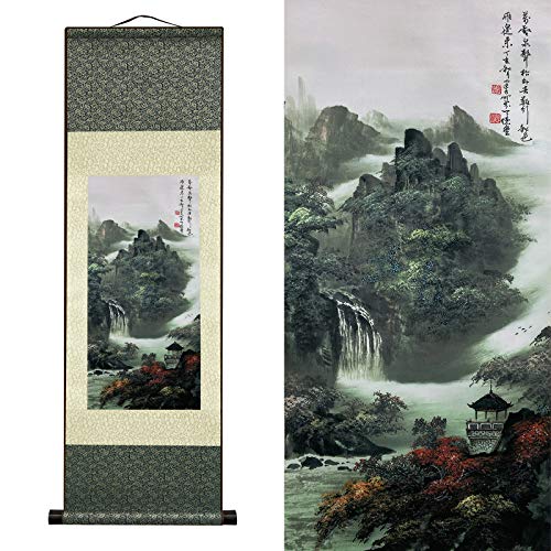 AtfArt Silk Scroll Painting, Asian Wall Art, Waterfall Landscape, 36.2x12in - color: A1