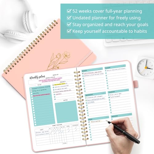 Undated Weekly Planner, Weekly To Do List Notebook with Goal & Habit Tracker Organizer, A5 Weekly Planner Notebook with Spiral Binding, 6.1" x 8.2" - Rosy - color: c.Rosy