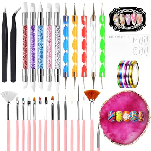 38 Pcs Nail Art Brush Kit - All-in-One Nail Design Tools Set with Detail Brushes, Dual-Ended Dotting Pens, Silicone Brushes, Tweezers, Striping Tape & Palette for DIY Manicure