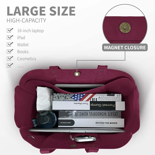 HOMESPON Large Canvas Tote Bag, Magnetic Work Laptop Pack for Women - color: Maroon