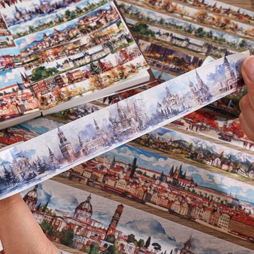 32 Rolls Vintage Washi Tape Set, European Cityscapes with Architectures & Scenery, Writable Decorative Tapes for Scrapbooking, Junk Journal Bullet Journal Supplies 8-50mm Wide, Artistic Adhesive Tape - style: Urban landscape
